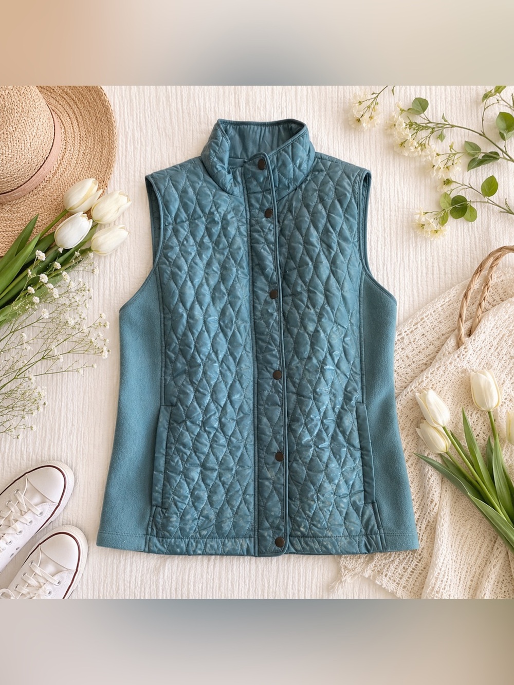 Talbots Quilted Snap Front Vest w/ Pockets Polyester Women's XS Regular Blue